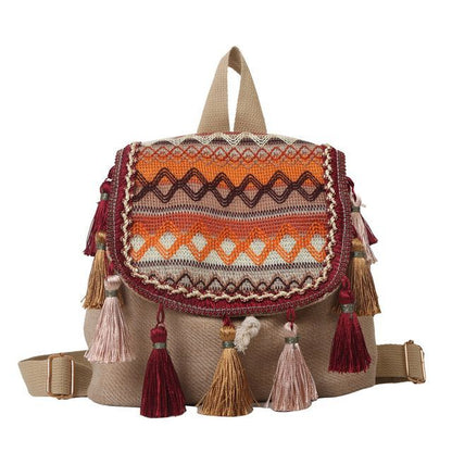 Patterned Tassel Detail Flap Backpack