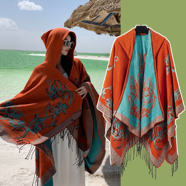 Floral Fringed Hooded Cape