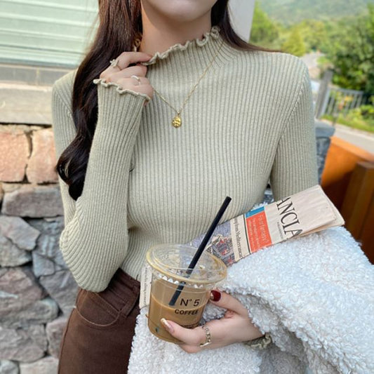 Long-Sleeve Mock Neck Plain Lettuce Edge Ribbed Knit Top