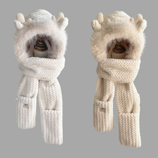 Deer Horn Chenille Knit Hooded Scarf with Mittens