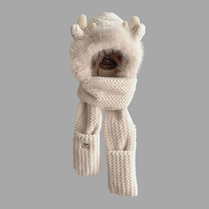 Deer Horn Chenille Knit Hooded Scarf with Mittens