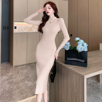 Long-Sleeve Stand Collar Plain Keyhole Ribbed Knit Midi Sheath Dress