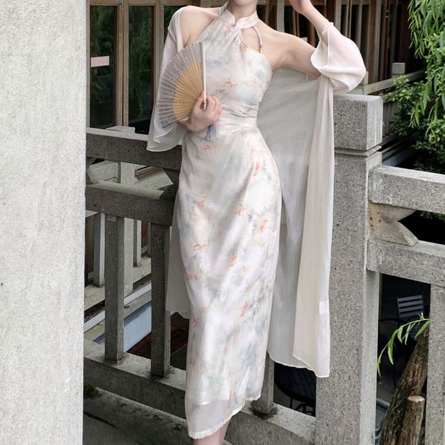 Halter Neck Floral Midi Qipao / Long Light Jacket / Set