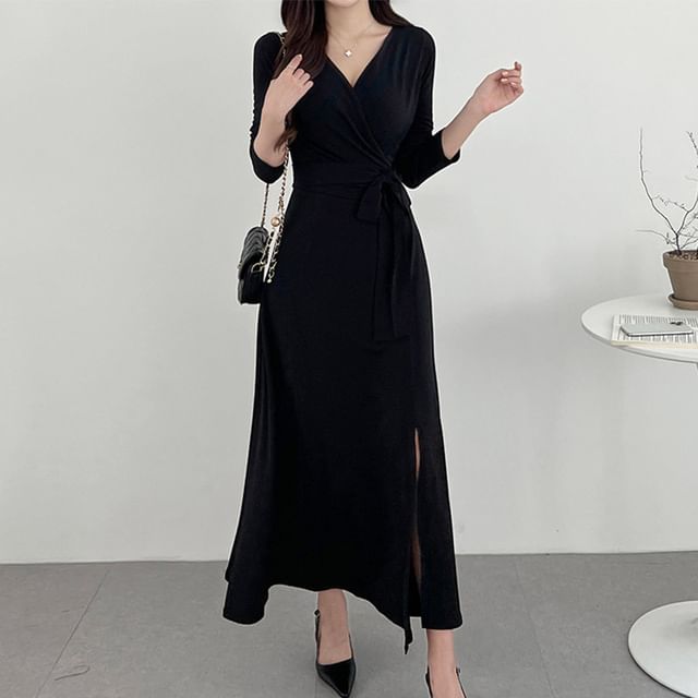 Long-Sleeve V-Neck Plain Wrap Tie-Front Slit Midi A-Line Dress