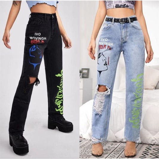 High Rise Graphic & Lettering Print Distressed Straight-Fit Wide-Leg Jeans