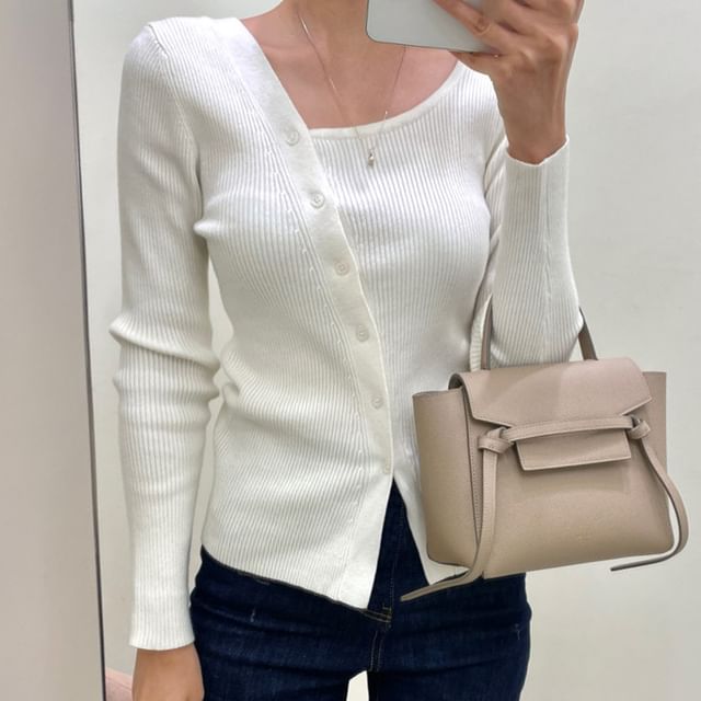 Long-Sleeve Asymmetrical Neckline Button-Up Knit Top