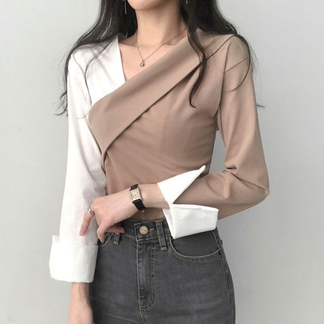 Long-Sleeve V-Neck Two Tone Blouse