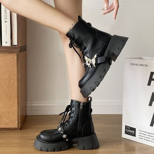 Butterfly Accent Lace-Up Platform Short Boots