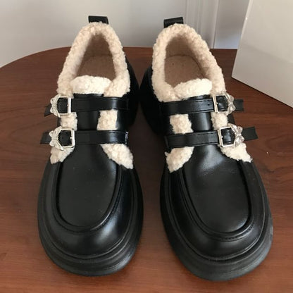 Buckled Fleece-Lined Platform Loafers