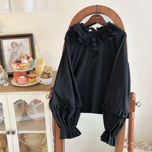 Puff-Sleeve High Neck Plain Ruffled Blouse