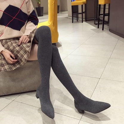 Pointy Toe Chunky Heel Over-the-Knee Sock Boots