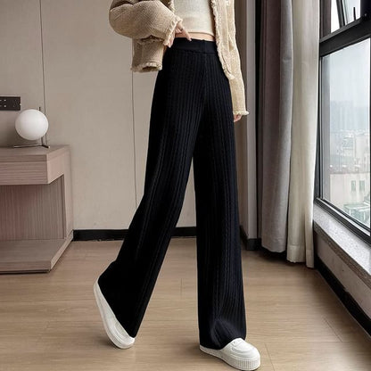 High Rise Plain Knit Wide Leg Pants