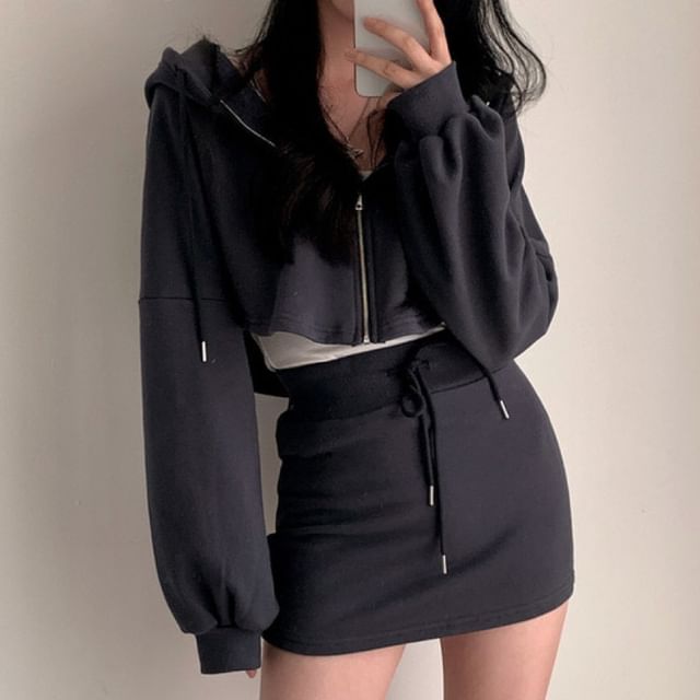 Set: Plain Zip Hoodie + Drawstring Waist Mini Pencil Skirt