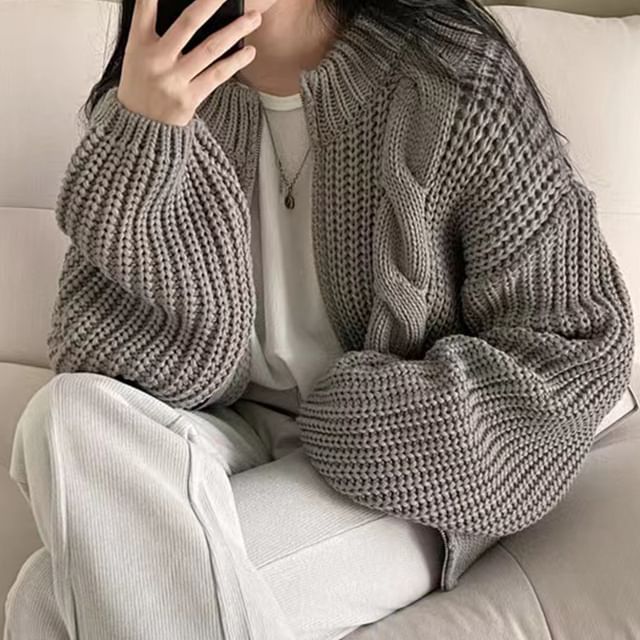 Round Neck Plain Cable Knit Zip Cardigan