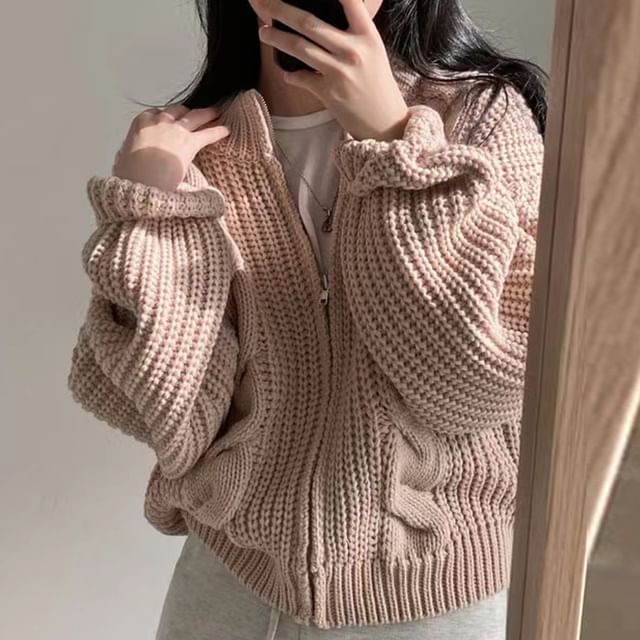 Round Neck Plain Cable Knit Zip Cardigan