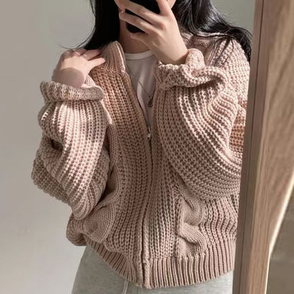 Round Neck Plain Cable Knit Zip Cardigan