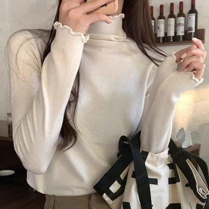 Long-Sleeve High Neck Plain Lettuce Edge Knit Top