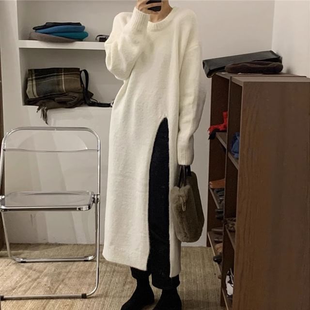 Long-Sleeve Crew Neck Plain Slit Midi Sweater Dress