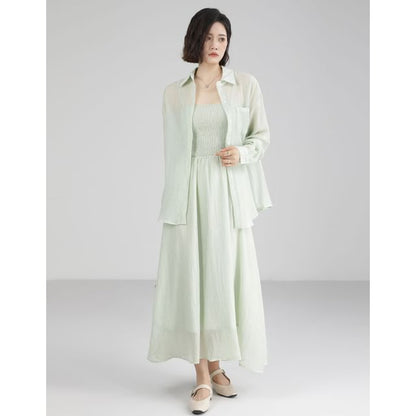 Long-Sleeve Plain Shirt / Spaghetti Strap Plain Maxi A-Line Dress