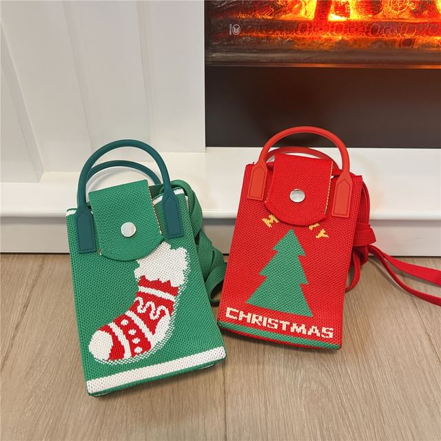 Christmas Print Knit Mobile Phone Crossbody Bag