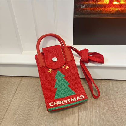 Christmas Print Knit Mobile Phone Crossbody Bag