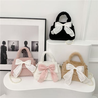 Faux Pearl Strap Fluffy Bow Flap Crossbody Bag