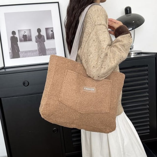 Faux Shearling Label Applique Tote Bag