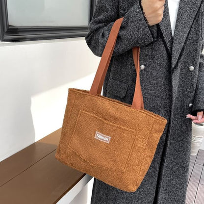 Faux Shearling Label Applique Tote Bag