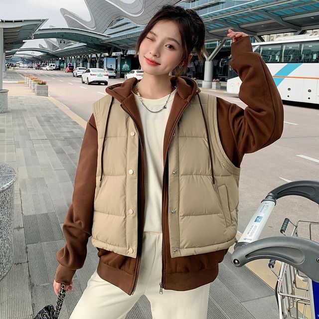 Hooded Mock Two Piece Puffer Zip Jacket