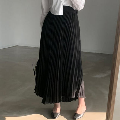 Elastic Waist Plain Accordion Pleated Midi A-Line Skirt