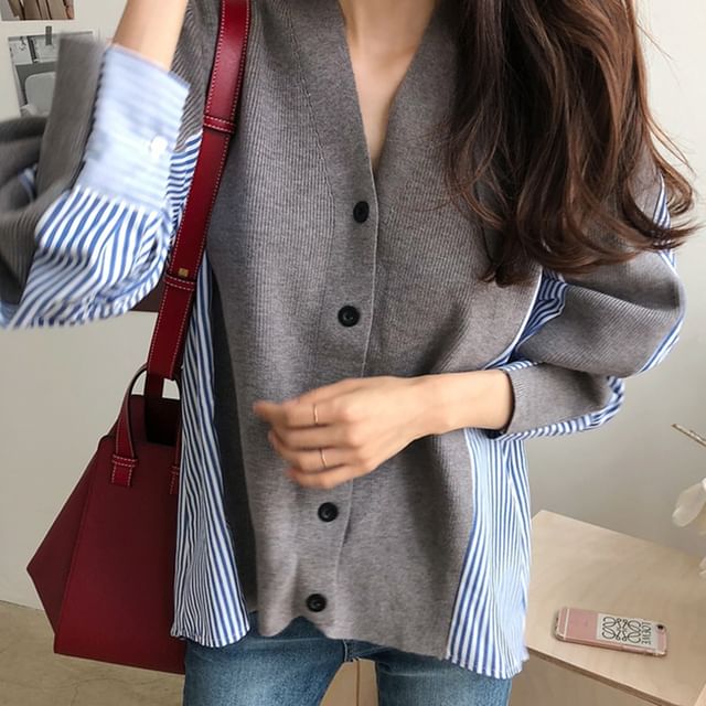 V-Neck Striped Panel Cardigan