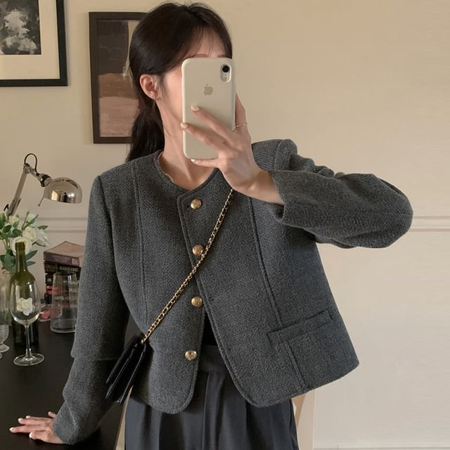 Crew Neck Plain Tweed Button Jacket