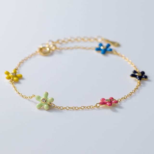 925 Sterling Silver Enamel Rhinestone Flower Bracelet