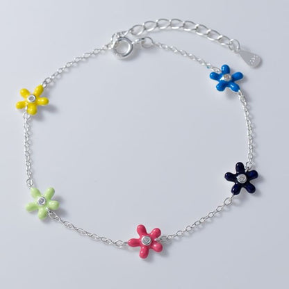 925 Sterling Silver Enamel Rhinestone Flower Bracelet