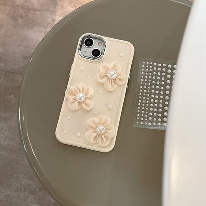 Floral Lace Faux Pearl Phone Case - iPhone 15 Pro Max / 15 Pro / 15 Plus / 15 / 14 Pro Max / 14 Pro / 14 Plus / 14 / 13 Pro Max / 13 Pro / 13 / 13 mini / 12 Pro Max / 12 Pro / 12 / 12 mini / 11 Pro Max / 11 Pro / 11 / SE / XS Max / XS / XR / X