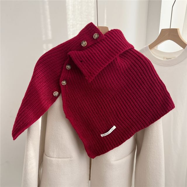 Turtleneck Plain Buttoned Knit Shawl