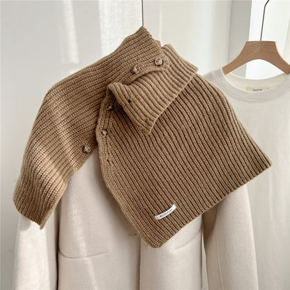 Turtleneck Plain Buttoned Knit Shawl