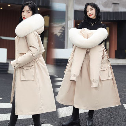 Plain Fluffy Trim Drawstring Midi Parka