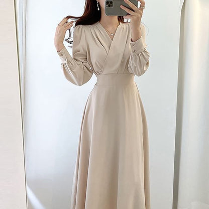 Long-Sleeve V-Neck Plain Midi A-Line Dress