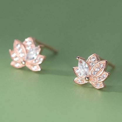 925 Sterling Silver Rhinestone Lotus Stud Earring