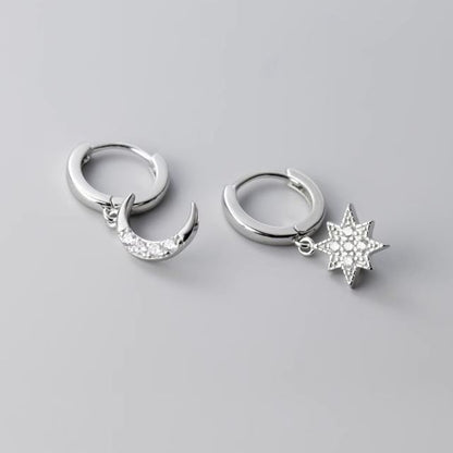 Moon & Star Rhinestone Asymmetrical Sterling Silver Drop Earring