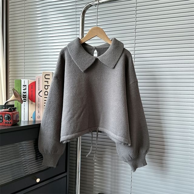 Puff-Sleeve Plain Collared Sweater