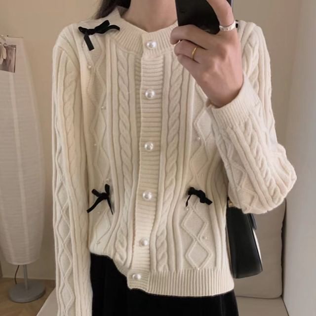 Bow Accent Faux Pearl Cardigan