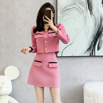 Set: Collared Two Tone Button Jacket + Mid Rise Mini A-Line Skirt