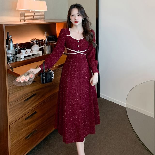 Long-Sleeve Square Neck Glitter Midi A-Line Dress