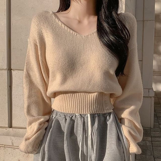 V-Neck Plain Cropped Sweater