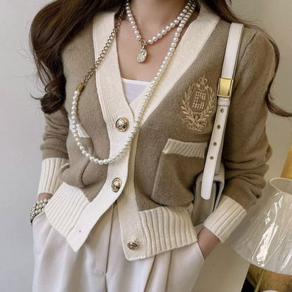 Contrast Trim Embroidered Cardigan