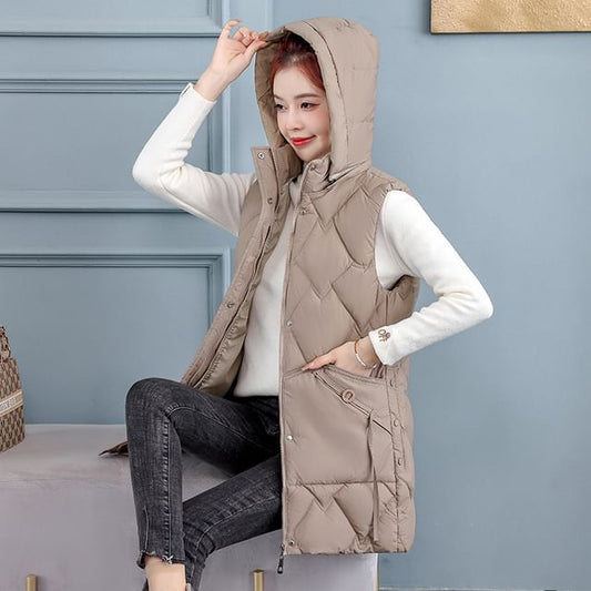 Hooded Padded Zip-Up Long Vest