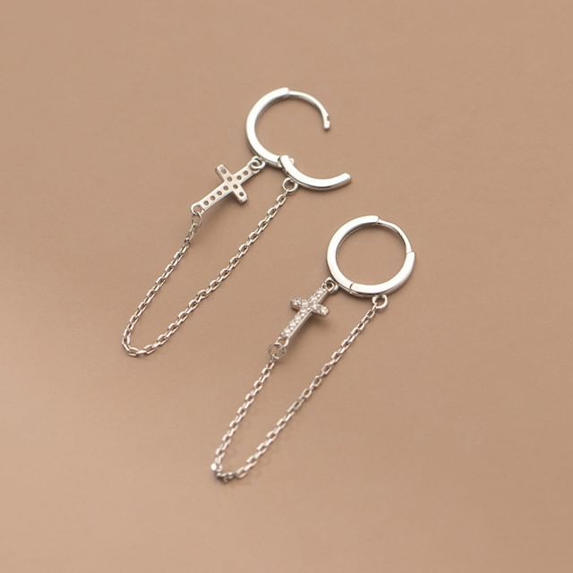 Cross Rhinestone Chain Sterling Silver Dangle Earring