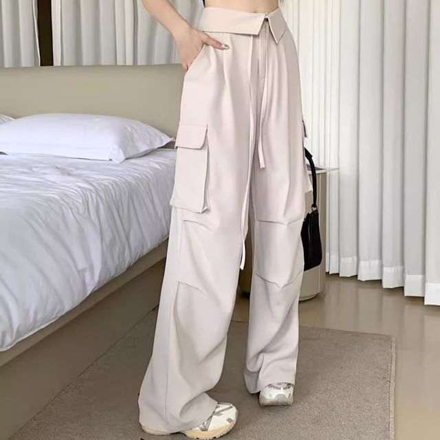 High Waist Folded Waistline Plain Pocket Straight-Fit Wide-Leg Cargo Pants